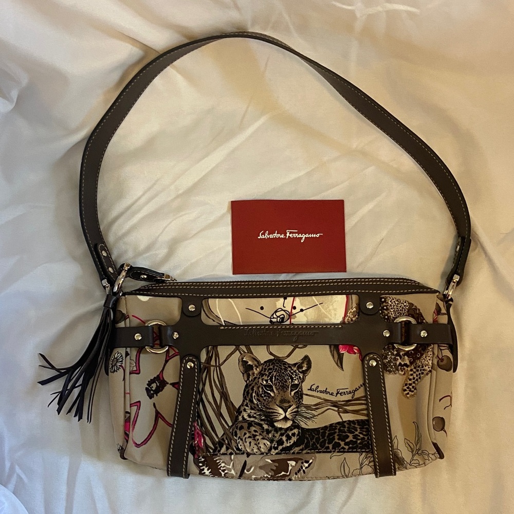 Salvatore Ferragamo Beige and Brown Leopard Shoulder Bag AUTHENTIC